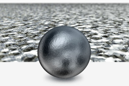 Spherical shot material (about 600 μm in diameter) and its processed surface image.